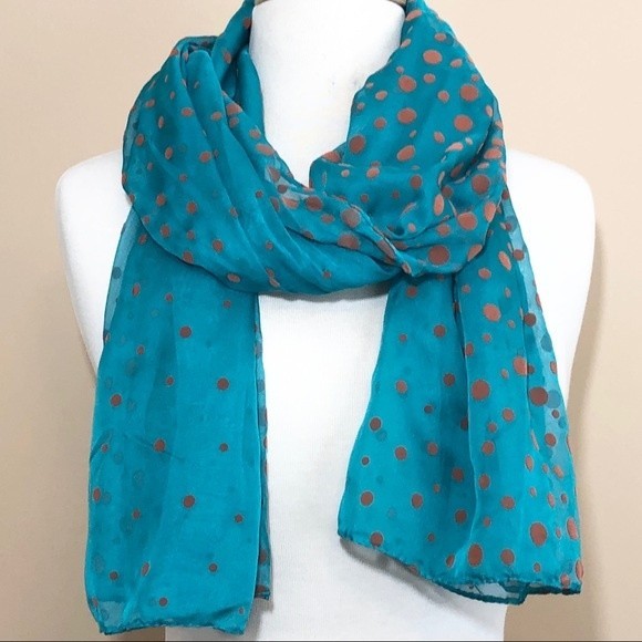 Teal Blue & Brown Polka Dots Sheer Wide Wrap Scarf - Picture 1 of 7